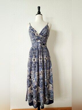 Blue Paisley Twist-Front Maxi Dress